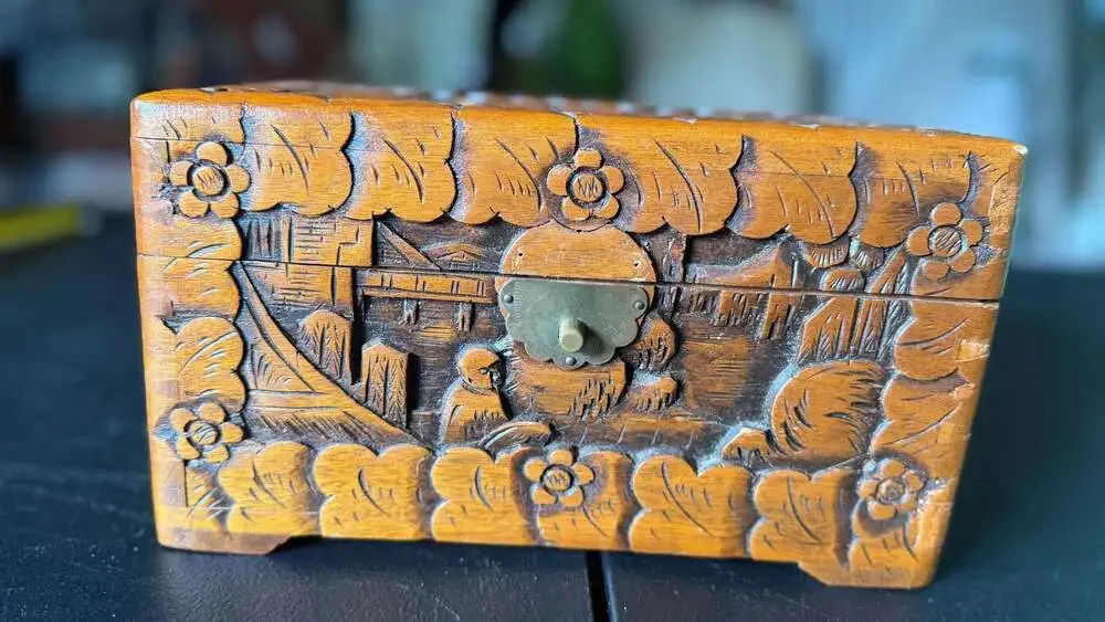 Vintage Hand Carved Wooden Chinese Trinket Jewelry Box